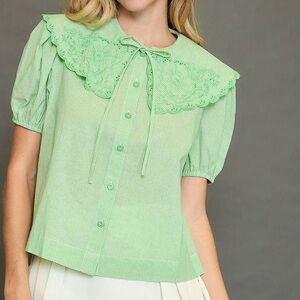 NWT UMGEE Bohemian Green Stripe Embroidered Peter Pan Collar Top S M L